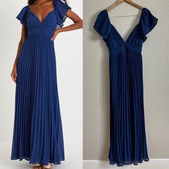 NWOT Ideal Occasion Blue Pleated Flutter Sleeve Backless Maxi Dress - Picture 1 of 8